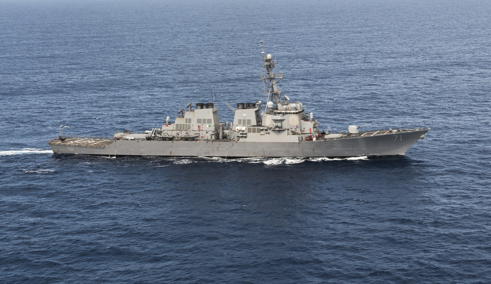 140319-N-WX580-158 ATLANTIC OCEAN (March 19, 2014) The guided-missile destroyer USS Ross (DDG 71) transits the Atlantic Ocean in support of exercise Joint Warrior 14-1. Joint Warrior 14-1 is a semiannual, United Kingdom-led training exercise. (U.S. Navy photo by Mass Communication Specialist 3rd Class Lacordrick Wilson/Released)