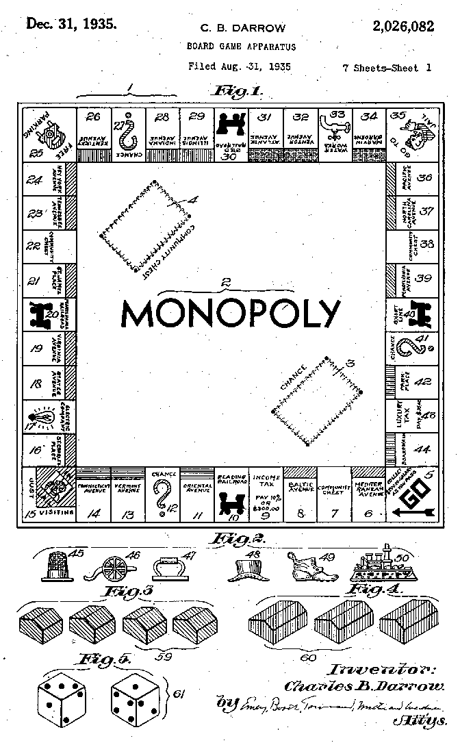 Первая страница заявки Чарльза Дэрроу на патент по «Монополии», рассмотренной и одобренной в 1935 году.