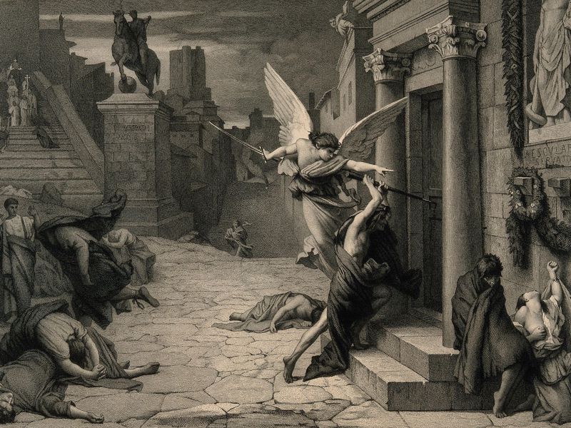 «Ангел Смерти стучит в дверь во время чумы в Риме». Жюль Эли Делоне.