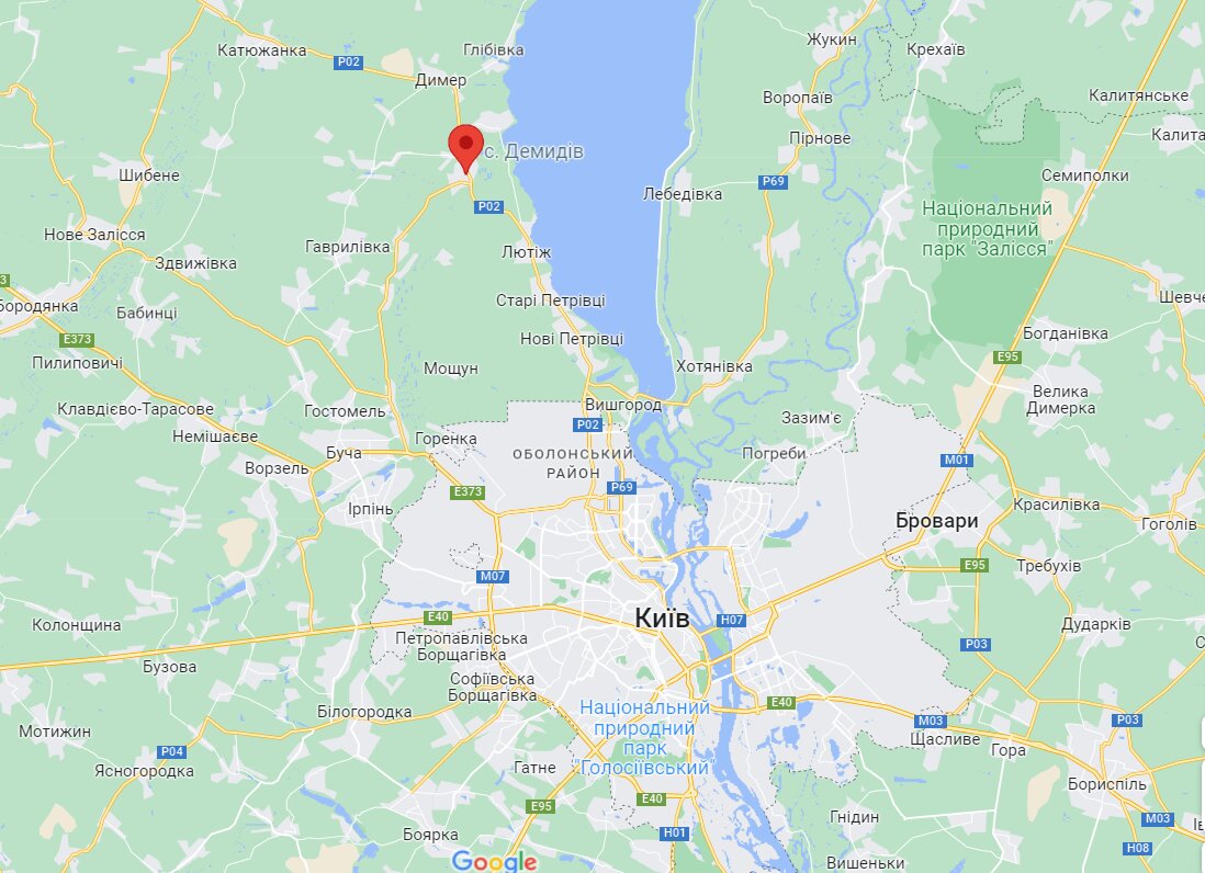 Розташування Демідова у Київській області. Фактично через потоп окупанти змушені були піти в обхід саме через Гостомель, Бучу та Ірпінь. Зображення — Google Maps.