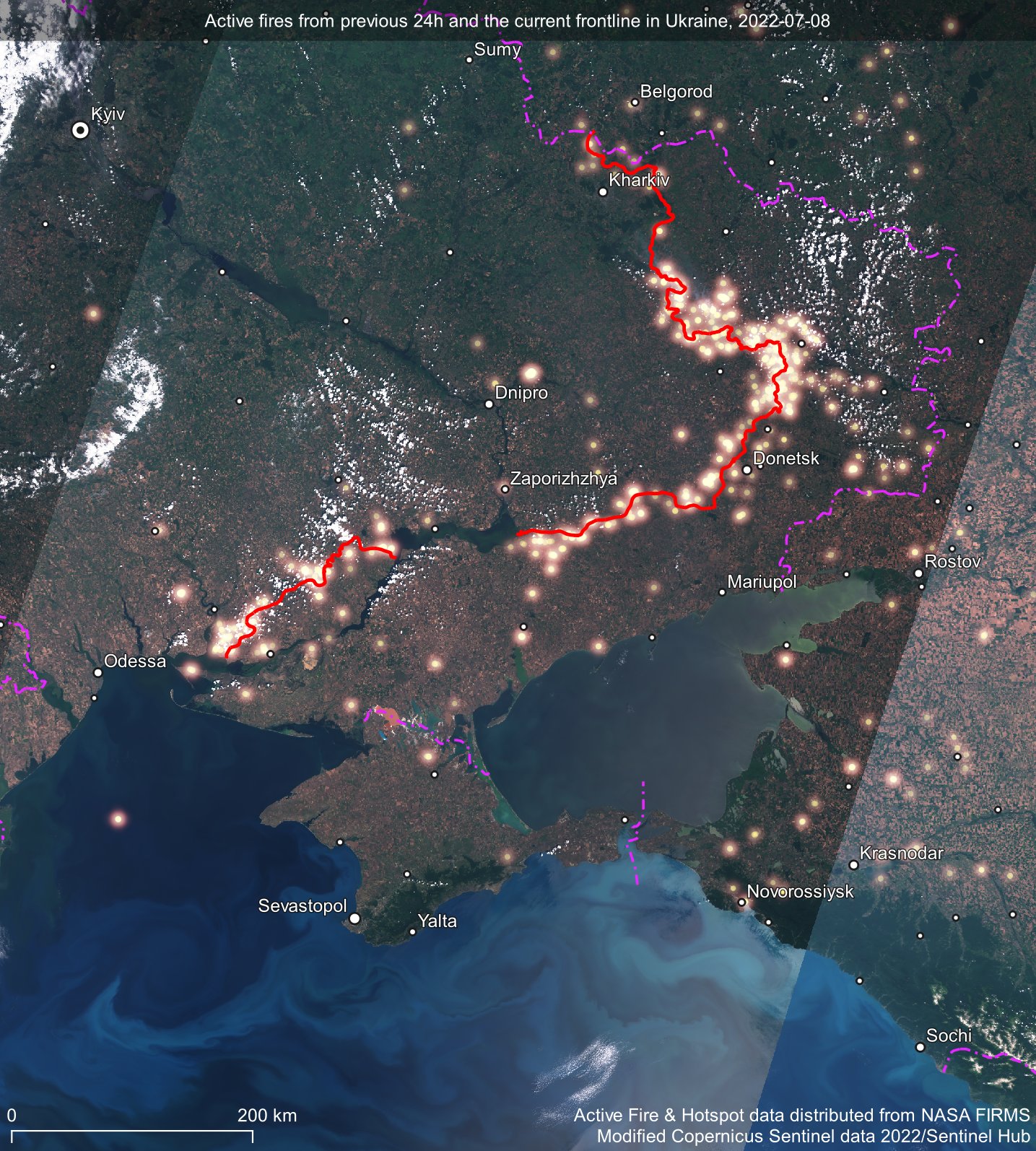 Пожежі на лінії фронту в Україні видно навіть із космосу. Фото